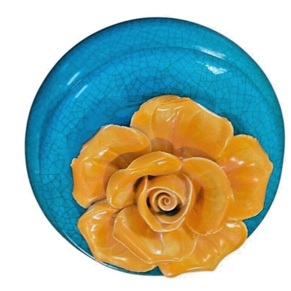 Hand Painted Art Pottery Lidded Trinket Dish With Sculpted Yellow Flowers - Picture 3 of 7